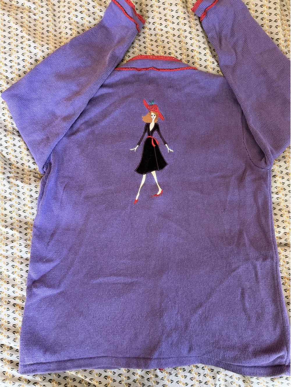 Storybook Knits Purple Cardigan Sweater with Embroidered Hats and Lady Motif, Sz - Picture 4 of 4